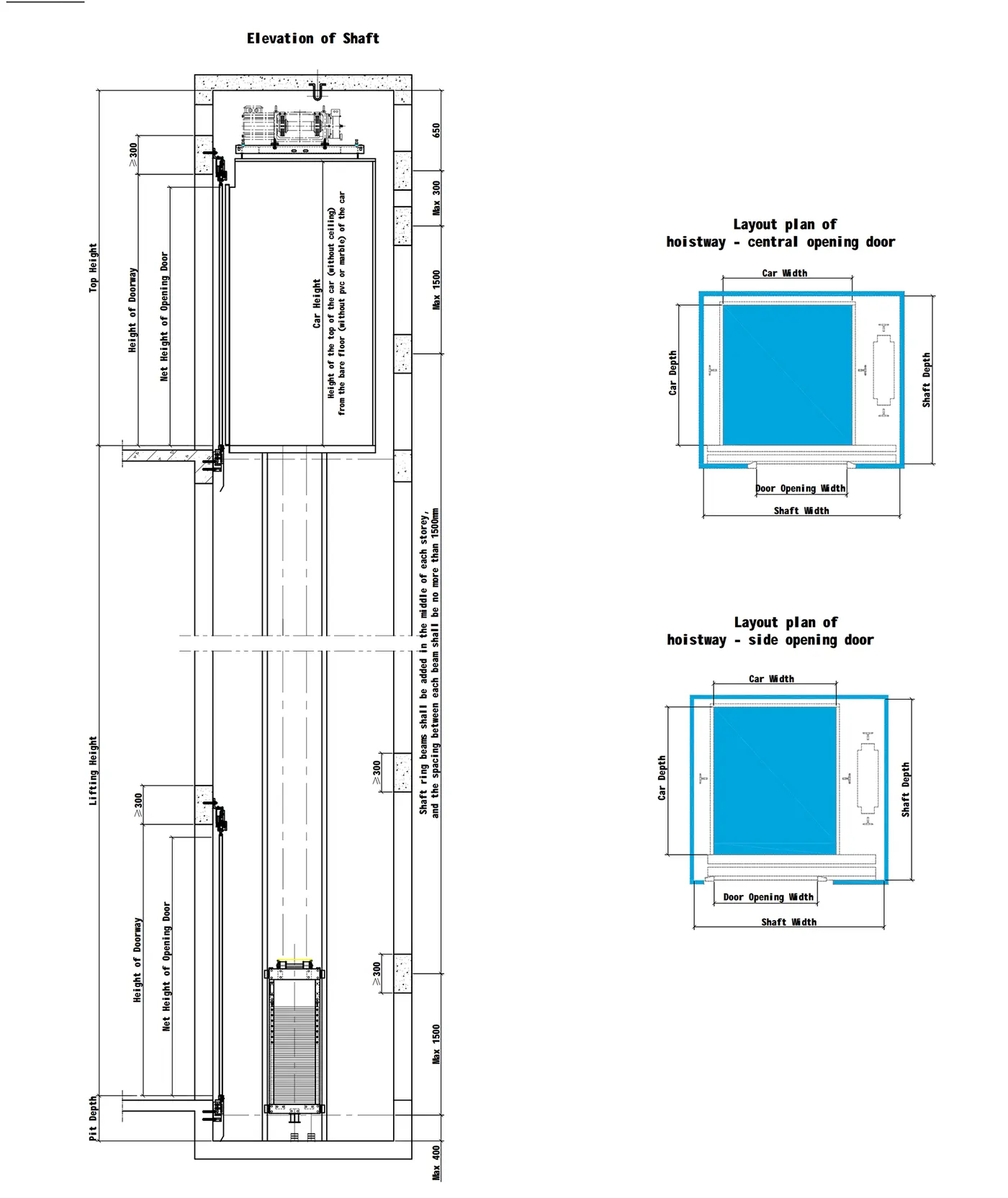 FRANZ Up-Down shaft elevation and hoistway layout